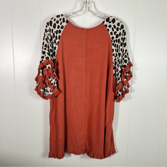 Umgee Boutique Orange Leopard Animal Print Ruffle Sleeve Relaxed Fit Top Small S - Picture 4 of 6